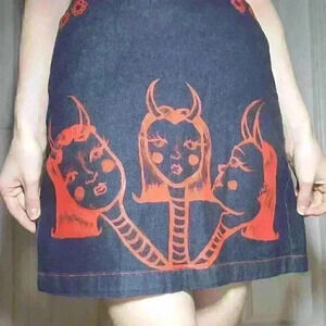 Vintage Y2K goth devil dark wash denim skirt with pockets  & red contrast stitch